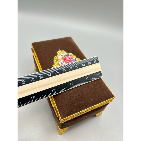 Vintage Gold & Brown Velvet Jewelry Box with Floral Porcelain Accent - Picture 8 of 9